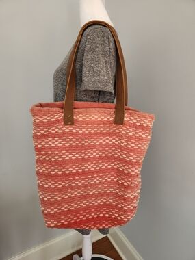 Company Store Pick Stitch Woven Pink And Orange Tote Bag with Brown Straps